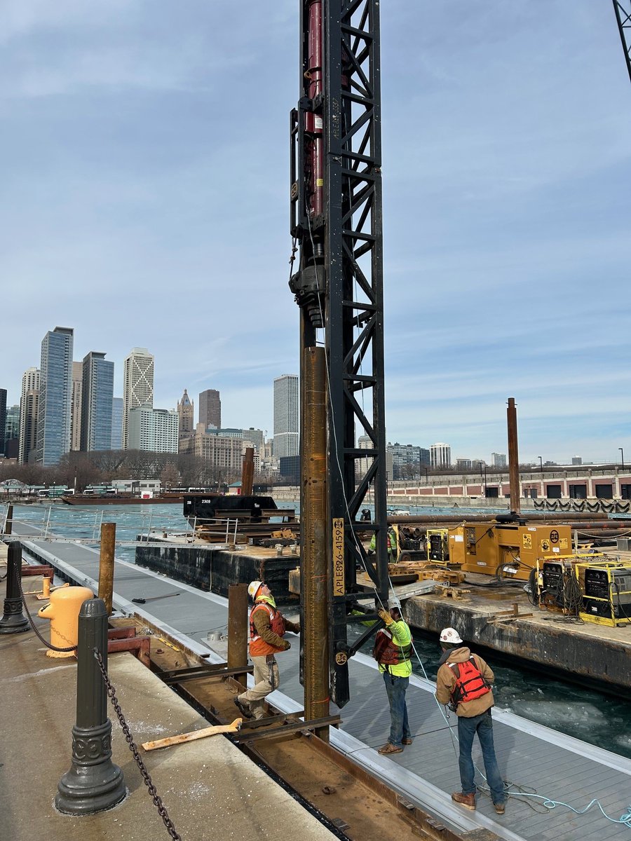 MidAmCarpenters's tweet image. Union Piledrivers are hard at work in icy Lake Michigan  building a new marina on the north side of Chicago's Navy Pier. Not quite beach weather yet but that's not going to stop our members from getting the job done! #MACRC #JFBrennan #Piledrivers