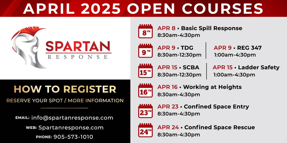 SpartanResponse's tweet photo. Register for our April Open Courses! Start planning your workplace safety training designed for organizations &amp; individuals to meet safety and regulatory requirements. Training is held at our facility in Hamilton &amp; led by our qualified instructors. https://t.co/jaYIZIIWDN https://t.co/WPADbURccE