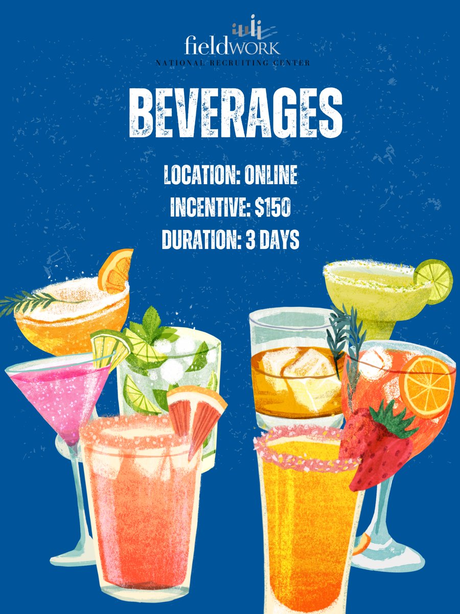 FieldworkNRC's tweet image. Fieldwork NRC is looking for adults, 18-40 years of age, to participate in an 3-day online market research study regarding beverages. 

🔗: participate.fieldwork.com/Account/Redire…

Reference #: 6417NRC25
Location: Online
Incentive: $150
Duration: 3-days
Date(s): April 8th-10th 
Time(s): Various