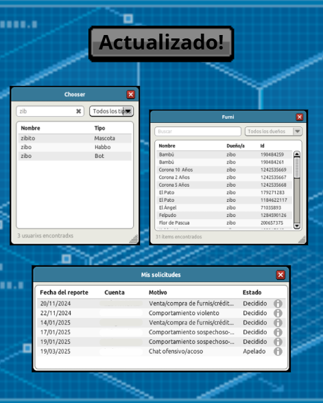 📢 Actualizado los nuevos menús y sistema de reportes!
🔹:chooser que filtra entre Habbos, Mascotas y bots.
🔹:furni que tambien puede filtrar en salas de grupo por el dueño de los furnis.
🔹Nuevo menú de reportes para ver el estado y poder apelar.
<a href="/ArtMinerNFT/">🇵🇷ArtMiners🇵🇷</a> <a href="/ESHabbo/">Habbo ES/MX</a> <a href="/Habbo/">Habbo</a>