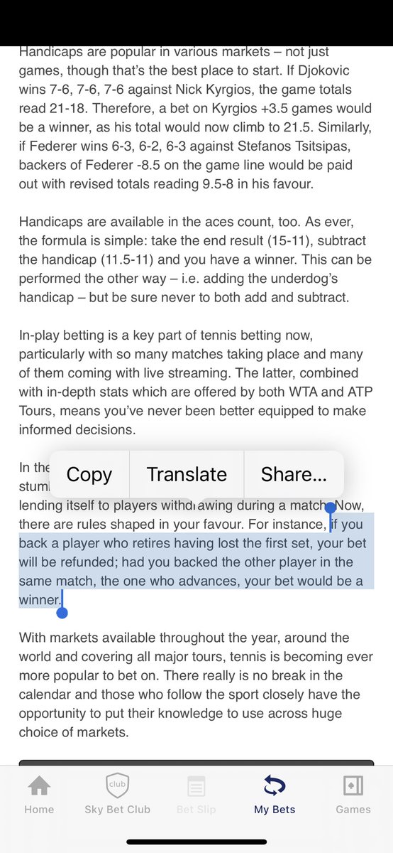 la_muppet's tweet photo. @SkyBet @SkyBetHelp i had a bet voided:

I bet on the player that was a set down but advanced due to there opponent retiring in the 2nd set when my player was 2 games up.

The image attached is from your own tennis betting guidelines page.

Why settled as void and not win. https://t.co/sYAShNSKG3