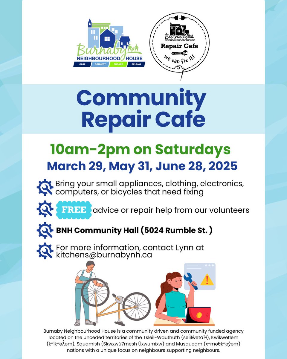 Join our very first session of the Community Repair Café this Saturday!

Bring in your small items—whether it's an electronic device, clothing, small appliance, or even a bicycle, and our amazing volunteers will help you repair them. 

⏰10 A.M. to 2 P.M.
📍 BNH Community Hall