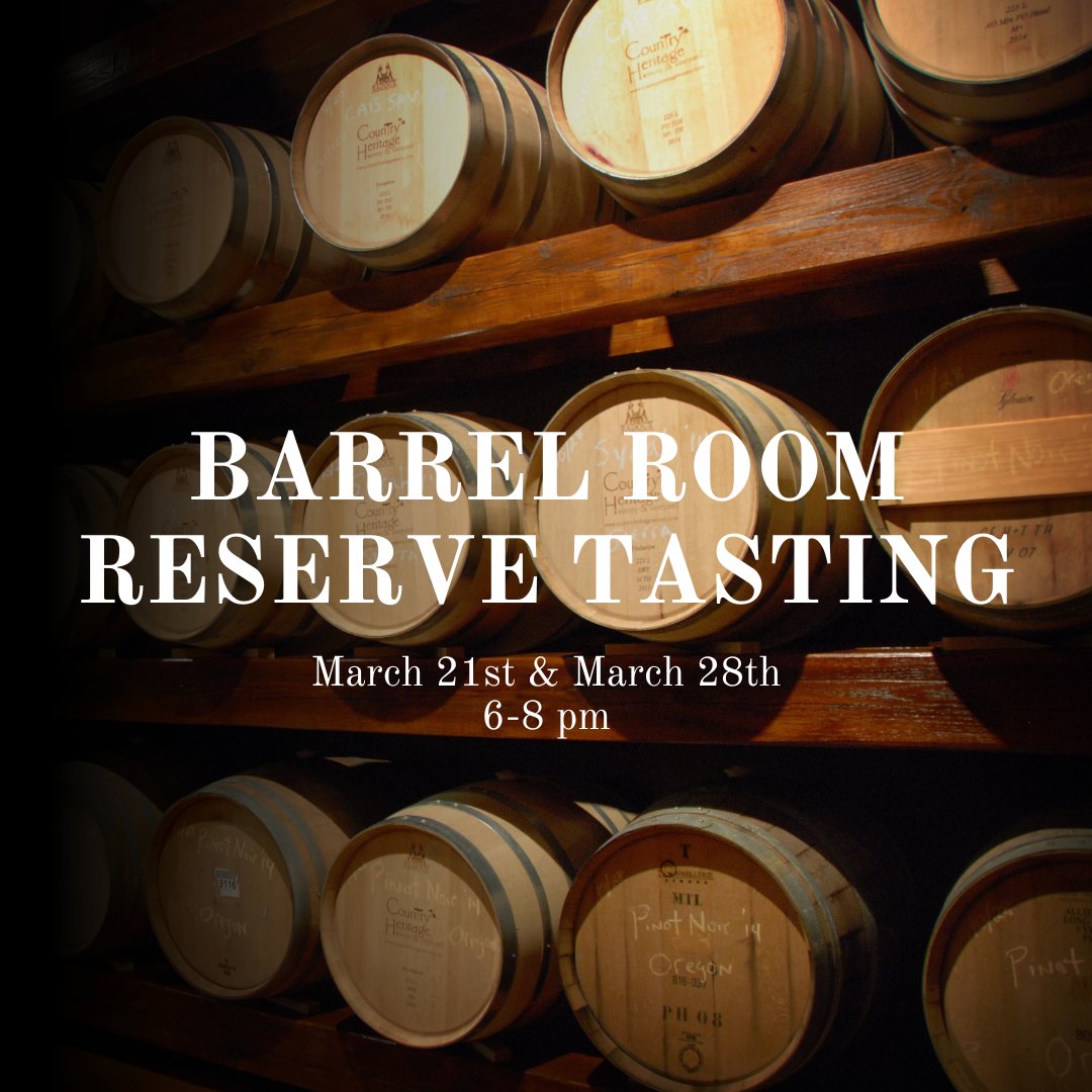 If you missed our first Barrel Room Reserve Tasting this past Friday, don't worry - we have one more planned.  Tomorrow Friday March 28th from 6-8 pm, you can try 5 of our reserve wines for just $12!

Please note regular tastings are not available during this time.