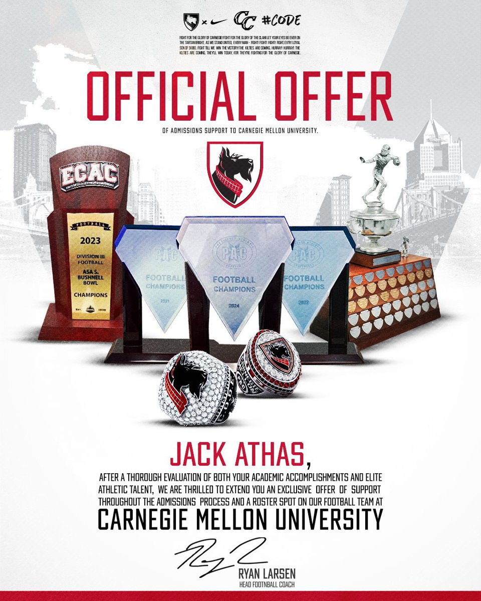 Jack Athas (@jack_athas8) on Twitter photo After a great talk with <a href="/CoachGibboney/">Coach Gibboney</a> I am extremely excited to say I have received my FIRST offer from <a href="/TartanFB/">Carnegie Mellon Football</a> !
<a href="/CoachBojo/">Coach Bobby Jones</a> <a href="/Coach_Kay19/">K. K. Rountree๐น๐น</a> <a href="/CoachRyanLarsen/">Ryan Larsen</a> <a href="/CoachAndyHelms/">Andy Helms</a> <a href="/coachfloppy/">Jeff Simmons</a> After a great talk with <a href="/CoachGibboney/">Coach Gibboney</a> I am extremely excited to say I have received my FIRST offer from <a href="/TartanFB/">Carnegie Mellon Football</a> !
<a href="/CoachBojo/">Coach Bobby Jones</a> <a href="/Coach_Kay19/">K. K. Rountree๐น๐น</a> <a href="/CoachRyanLarsen/">Ryan Larsen</a> <a href="/CoachAndyHelms/">Andy Helms</a> <a href="/coachfloppy/">Jeff Simmons</a>