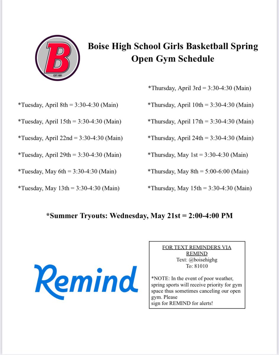 Boise Girls Basketball is back in the gym! Let’s get ready to work. Incoming Grades 7-12 are welcome to attend. See you there Brave!🏀💪