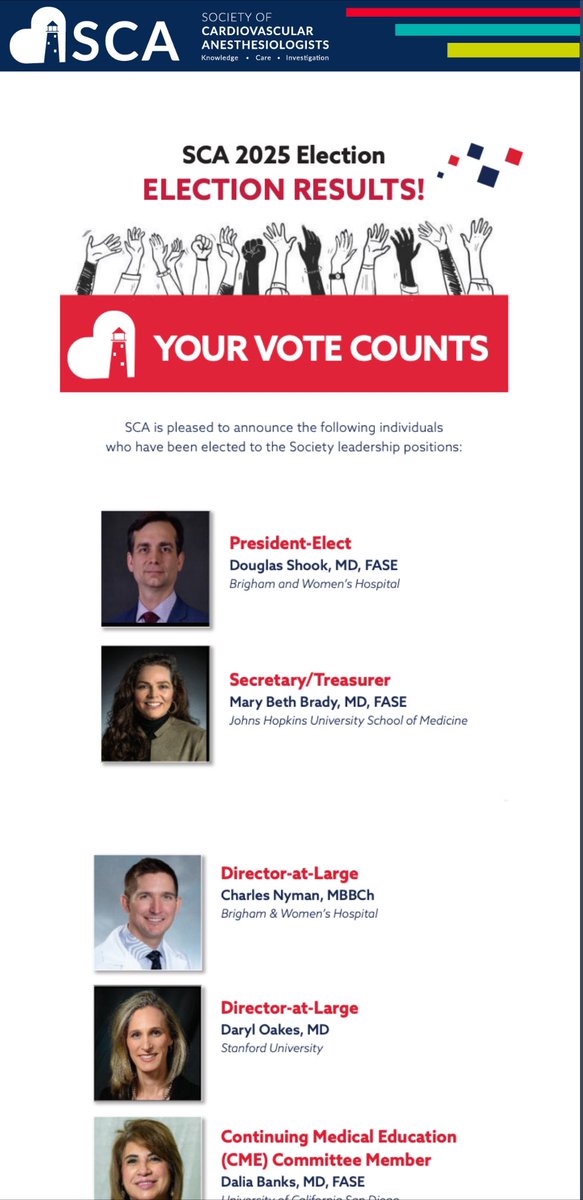 I’m honored to have been elected to the Board of Directors for the SCA. I look forward to collaborating with my fellow board members to support our shared mission of advancing and advocating for our specialty. Congratulations to President Elect, friend and mentor Doug Shook.