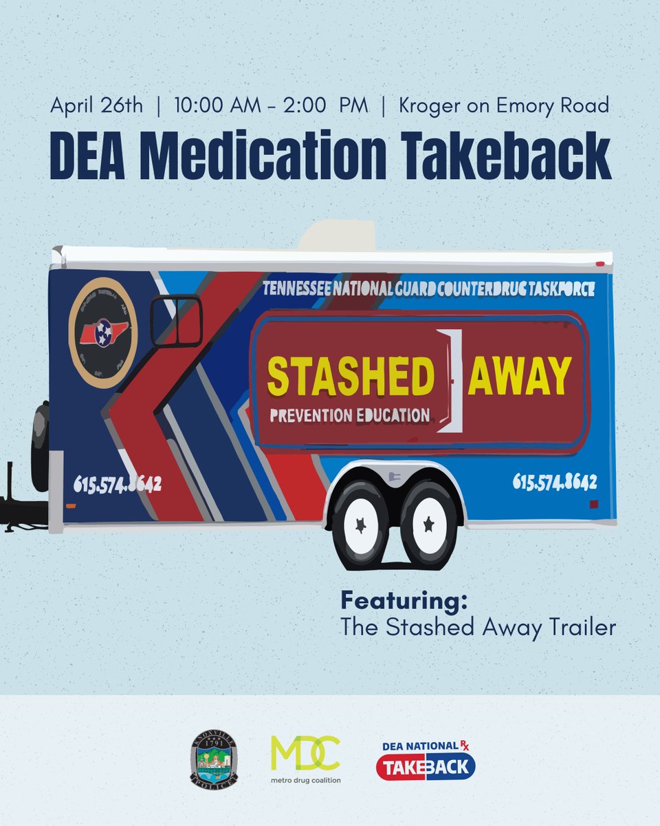 Metro Drug Coalition (@metrodrug) on Twitter photo Mark your calendars for April 26th's DEA Takeback - The stashed away trailer will be there!
What is the stashed away trailer?
What medications can you dispose of?
Find out at metrodrug.org/takeback
<a href="/Knoxville_PD/">Knoxville Police TN</a> Mark your calendars for April 26th's DEA Takeback - The stashed away trailer will be there!
What is the stashed away trailer?
What medications can you dispose of?
Find out at metrodrug.org/takeback
<a href="/Knoxville_PD/">Knoxville Police TN</a>