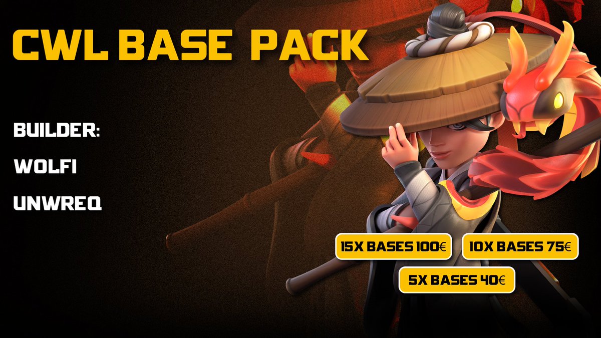 Wolfiii (@clashwithwolfi) on Twitter photo I present to you our CWL Base Pack!🔥
<a href="/UnwreqCoC/">Unwreq CoC</a> and me, build and test this Bases.
U can pre-order on my Server:
discord.gg/vJb7Vy6v87
Big thanks to <a href="/JenningsAndreaa/">Andrea Jennings</a> for the legendary poster😍 I present to you our CWL Base Pack!🔥
<a href="/UnwreqCoC/">Unwreq CoC</a> and me, build and test this Bases.
U can pre-order on my Server:
discord.gg/vJb7Vy6v87
Big thanks to <a href="/JenningsAndreaa/">Andrea Jennings</a> for the legendary poster😍