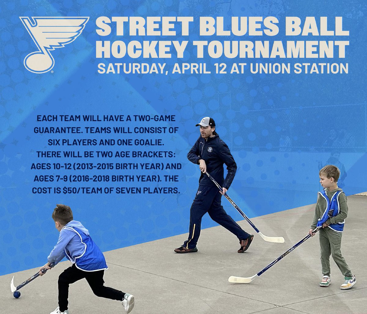There are still spots available for the Street Blues Ball Hockey Tournament at Union Station on Saturday, April 12, 2025! 

The two age brackets are: ages 10-12 (2013-2015 birth year) and ages 7-9 (2016-2018 birth year). Click the link in our bio to register your team today!