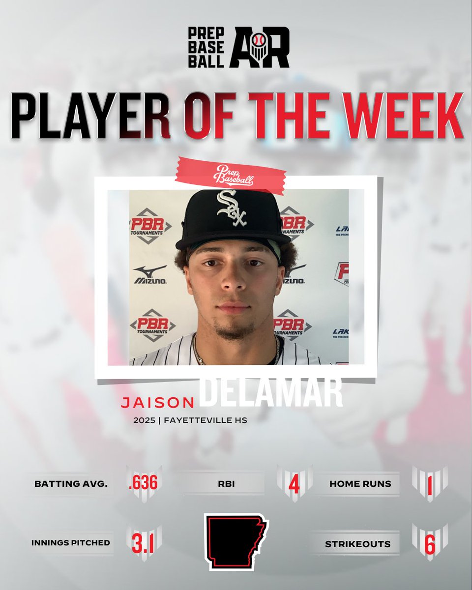 🏆 𝘼𝘼𝘼 𝙋𝙇𝘼𝙔𝙀𝙍 𝙊𝙁 𝙏𝙃𝙀 𝙒𝙀𝙀𝙆: 𝙒𝙀𝙀𝙆 𝙏𝙃𝙍𝙀𝙀 🏆

2025 OF <a href="/jaisondelamar27/">the.jloading</a> from <a href="/FayDogBaseball/">PurpleDogBaseball</a> takes home week three honors a stellar all-around performance for the No. 1-ranked Bulldogs.

The <a href="/RazorbackBSB/">Arkansas Baseball</a> signee was locked in at the plate, going 7-for-11