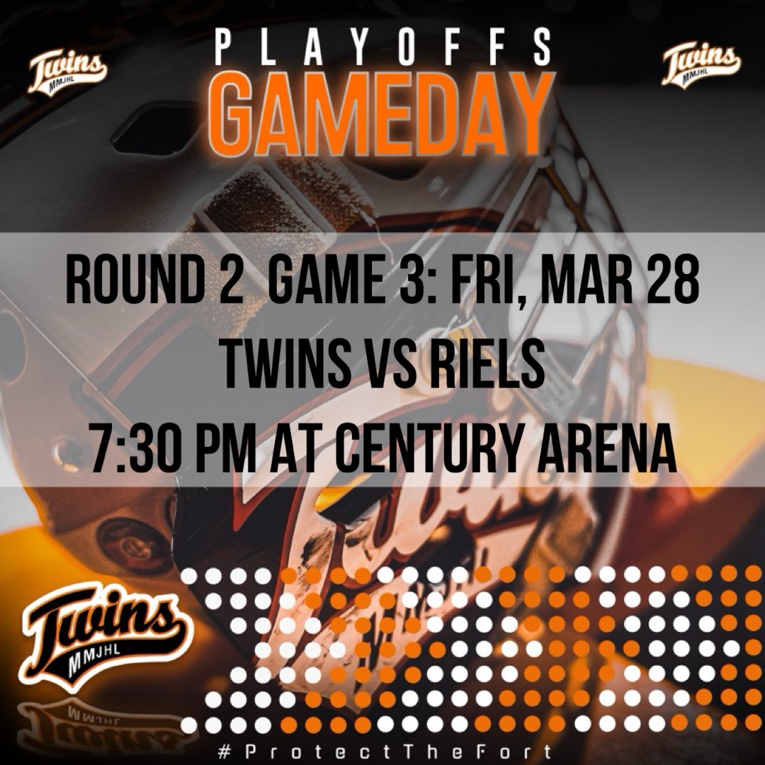 Let’s go Twins!
Game 3 vs <a href="/rielsMMJHL/">St. Boniface Riels</a> takes place Friday at 7:30 pm, Century arena. 

Series is 0-2 so come out and cheer the boys to victory!