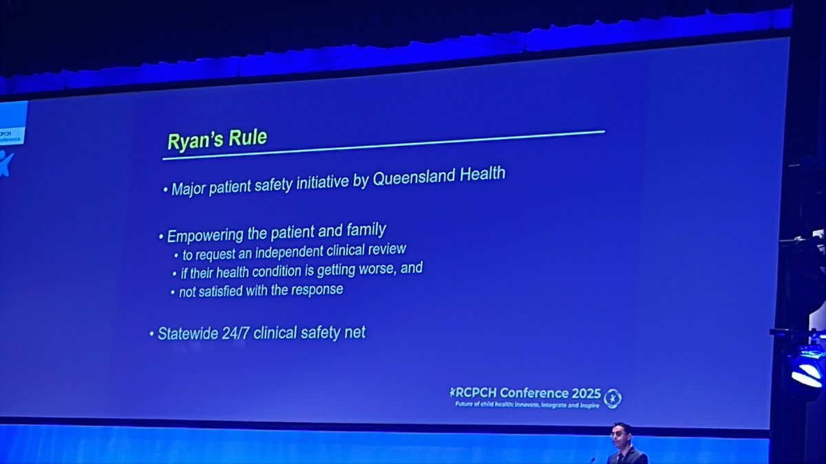 Jyothi Srinivas ๐ (@paeded) on Twitter photo Patient centric care - talk by <a href="/drnitinkapur/">Prof Nitin Kapur</a> at the #RCPCH25
Ryanโs rule in Australia is a 3-step process
1.Parents to escalate concerns to nurse/doctor
2. Then to nurse in charge/senior clinician
3. Parents call a central number asking for clinical review Patient centric care - talk by <a href="/drnitinkapur/">Prof Nitin Kapur</a> at the #RCPCH25
Ryanโs rule in Australia is a 3-step process
1.Parents to escalate concerns to nurse/doctor
2. Then to nurse in charge/senior clinician
3. Parents call a central number asking for clinical review