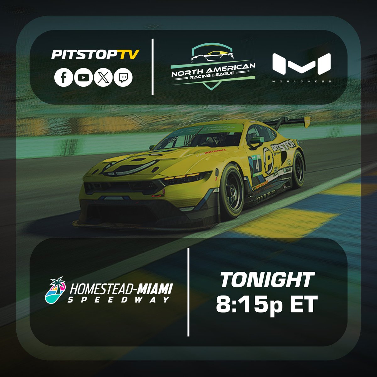 TONIGHT: It's a mix of road and oval for NARL in Round 3, as a field of nearly 50 drivers will tackle the Homestead-Miami road course. Tune in at 8:15p ET!

📍: Homestead-Miami Speedway
⏰: 8:15p ET
📺: youtube.com/watch?v=9SoHNv…

#iRacing | #PitStopTV | #SimRacing | <a href="/wsimcams/">Whiplash Sim Cams</a>