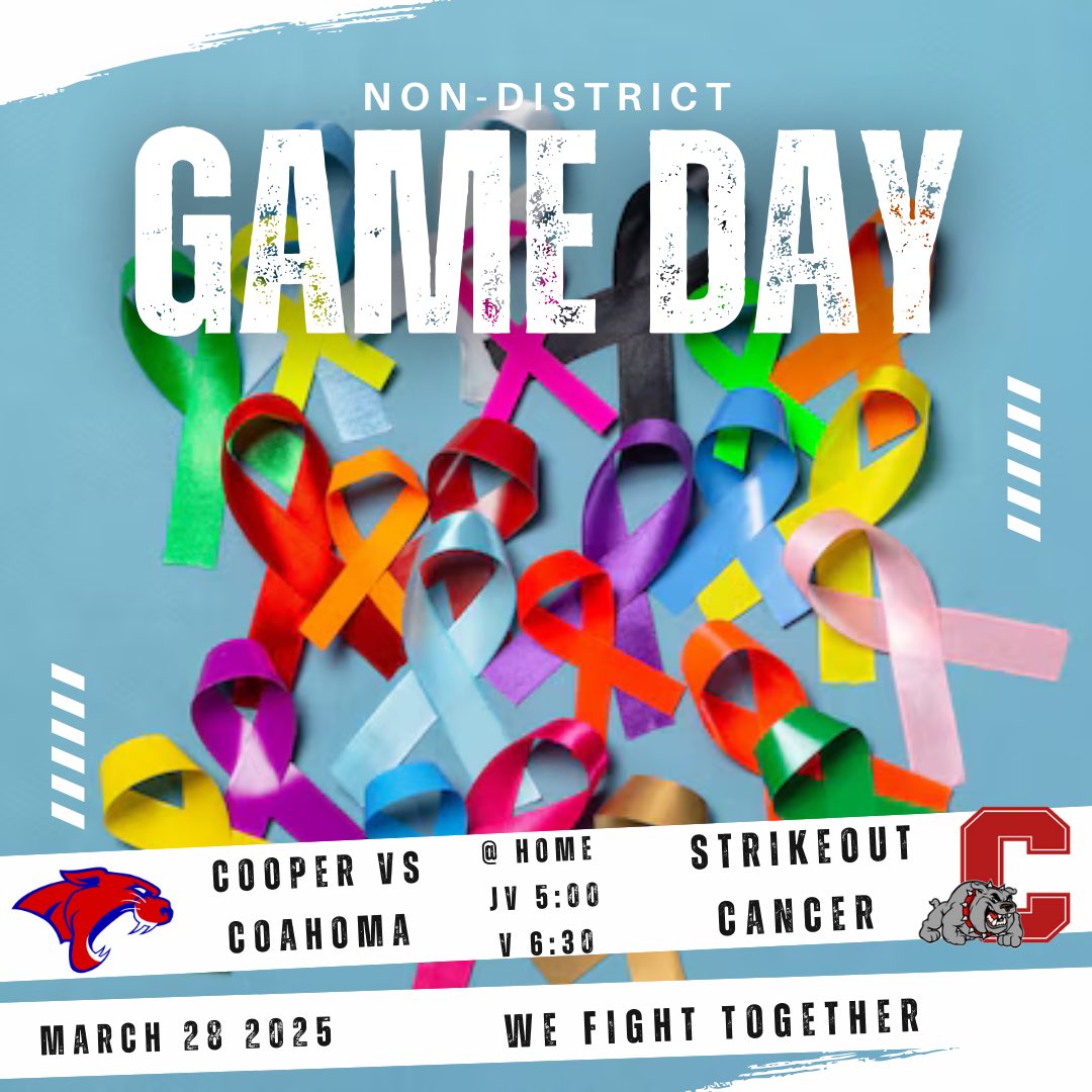 CooperSBAbilene's tweet photo. GAME DAY AT THE COOGS DEN Tomorrow ! 
Come out as we team up with Coahoma in honoring some of our own hero’s who have shown us what it means to fight! 

❤️💙💜🖤💛💚🧡🤎🤍🩷🩶🩵

#strikeoutcancer #diftt #TCW https://t.co/hg5jDRfbvU