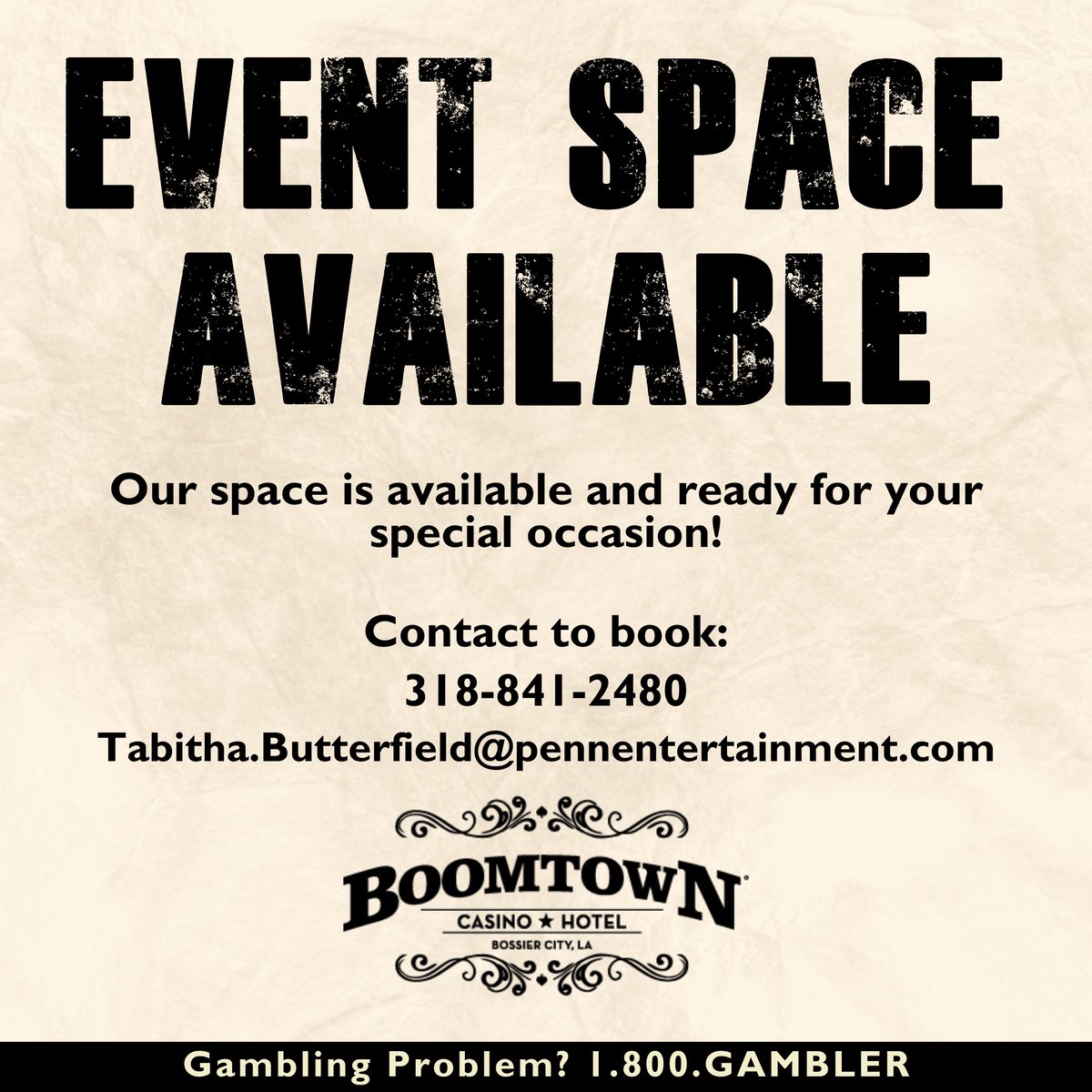 BoomtownBC's tweet image. Make your next event unforgettable! 🎉 Now offering private rental space at Boomtown Bossier City. Book your space today! #BoomtownBC #EventSpace

Gambling Problem? 1.800.GAMBLER