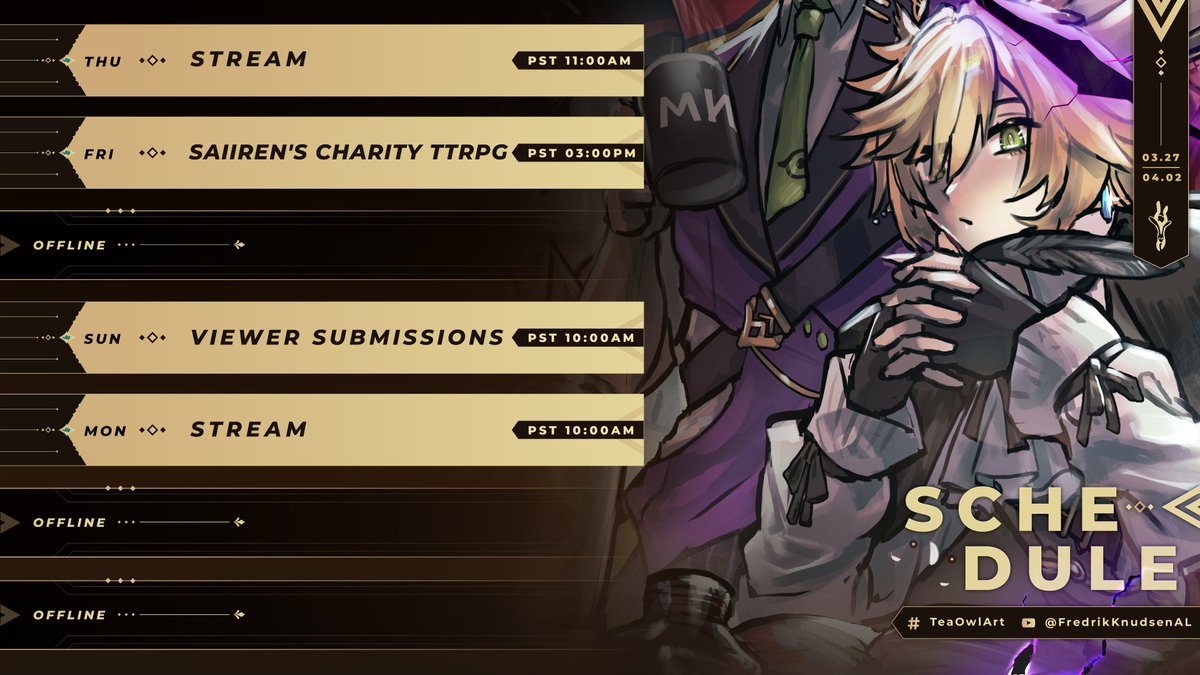 FredrikKnudsen_'s tweet image. A lot going on this week between Beatrice's debut and Saiiren's charity TTRPG. Let's do our best to relax in between, yeah?
Art: #TeaOwlArt
General: #FredrikKnudsen