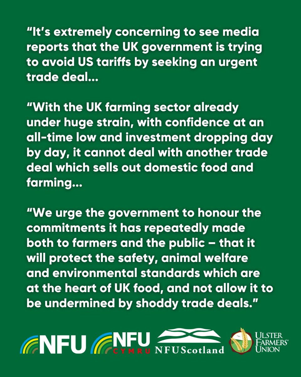 The 4 UK farming unions have said that the government must #BackBritishFarming &amp; stand up for UK agriculture in trade negotiations with the US. The warning comes amid reports of a potential trade deal to avoid reciprocal tariffs from 2 April.

Read more👉ow.ly/nlMw50VpUjy