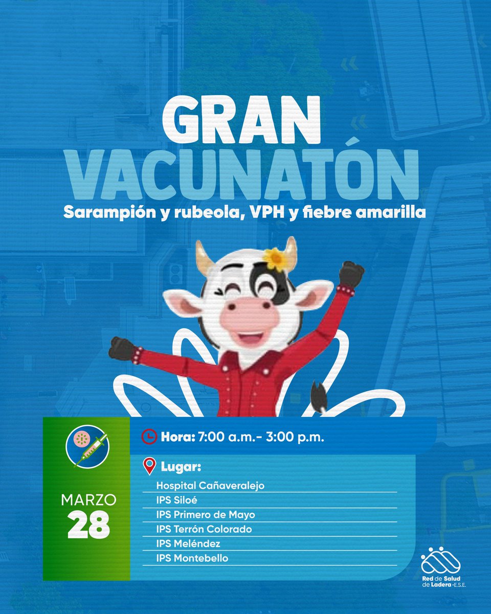 Mañana, 28 de marzo, te esperamos en nuestra gran Vacunatón contra sarampión, rubéola, VPH y fiebre amarilla. Una jornada especial para reforzar la prevención y el bienestar de nuestra comunidad.

⏰️ 7:00 a.m. a 3:00 p.m.
🏥Consulta nuestras IPS habilitadas