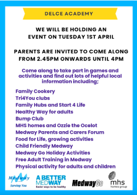 Next Tuesday we are so lucky to have a Family Marketplace coming to Delce run by Medway Council. Lots of fun activities for families to engage with and find out more about the services available to families!