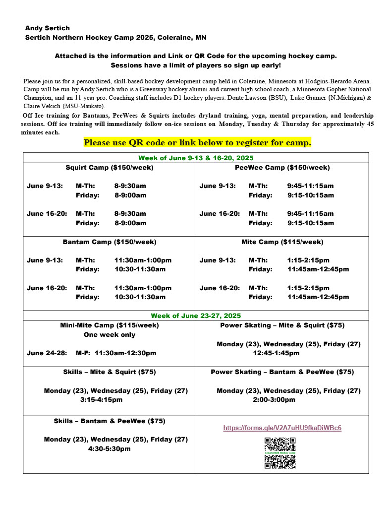 Sertich Northern Hockey Camp 2025 Registration is open! See flyer for details!
