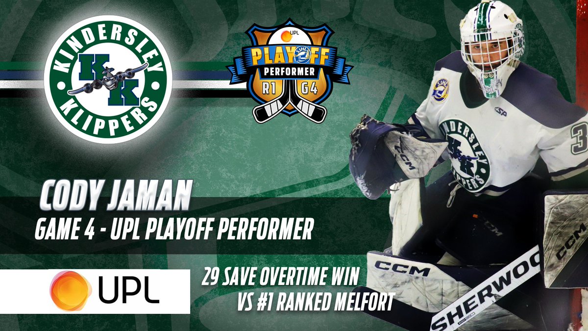 🥅BIIIIG performance in Round 1 Game 4 from <a href="/KlippersHockey/">Iron Horse Kindersley Klippers</a> goaltender Cody Jaman who made 29 saves against the #1 ranked Melfort Mustangs for an OT win to keep the Klipps alive!

With that, he's your <a href="/UPLCanada/">UPL Canada</a> Playoff Performer of the Night!

#UPLPlayoffPerformer #SJHL #CJHL