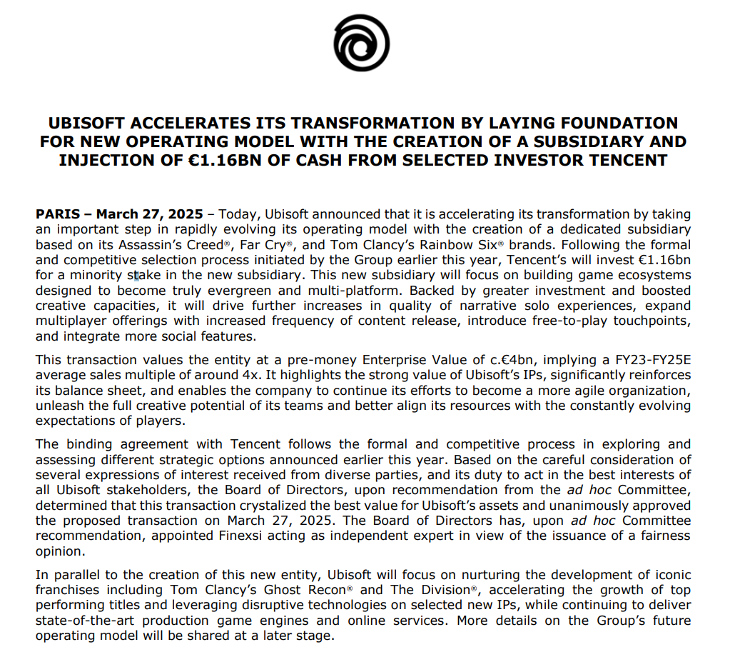 Wario64's tweet photo. Ubisoft announces the creation of a new subsidiary. Tencent will invest €1.16bn for a minority stake in the new subsidiary. 

"This new subsidiary will focus on building game ecosystems designed to become truly evergreen and multi-platform."

More info: https://t.co/6PgUooBtw0 https://t.co/k29vrpVtbl