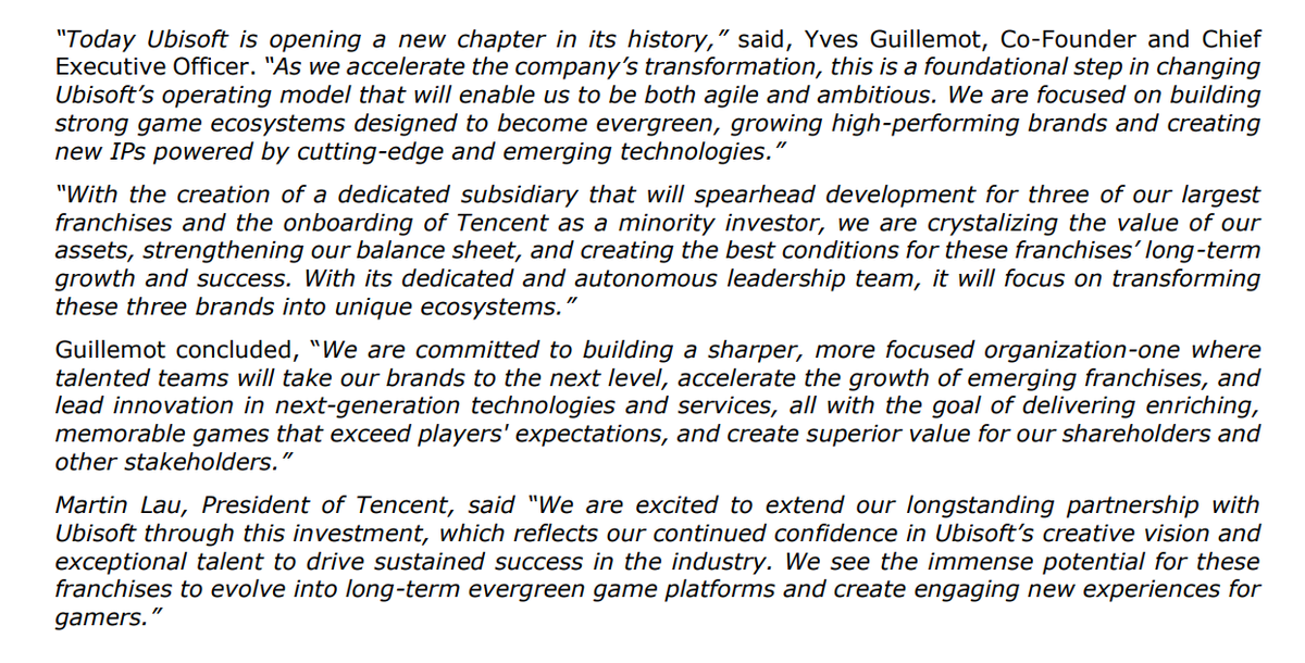 Wario64's tweet photo. Ubisoft announces the creation of a new subsidiary. Tencent will invest €1.16bn for a minority stake in the new subsidiary. 

"This new subsidiary will focus on building game ecosystems designed to become truly evergreen and multi-platform."

More info: https://t.co/6PgUooBtw0 https://t.co/k29vrpVtbl
