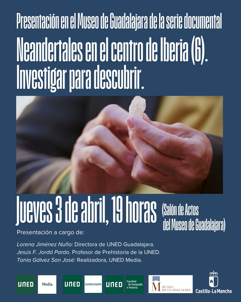 UNED Guadalajara (@guadauned) on Twitter photo Próximo jueves 3 abril 19.00 h. Salón Actos Museo Guadalajara documental Neandertales en el centro de Iberia producción realizada <a href="/UNED/">UNED</a> Media.
La presentación Jesús Jordá, Profesor Prehistoria UNED, Tania Galvez Realizadora UNED Media y <a href="/LorenaJimnezNu1/">Lorena Jiménez Nuño</a> Directora <a href="/GuadaUNED/">UNED Guadalajara</a> Próximo jueves 3 abril 19.00 h. Salón Actos Museo Guadalajara documental Neandertales en el centro de Iberia producción realizada <a href="/UNED/">UNED</a> Media.
La presentación Jesús Jordá, Profesor Prehistoria UNED, Tania Galvez Realizadora UNED Media y <a href="/LorenaJimnezNu1/">Lorena Jiménez Nuño</a> Directora <a href="/GuadaUNED/">UNED Guadalajara</a>