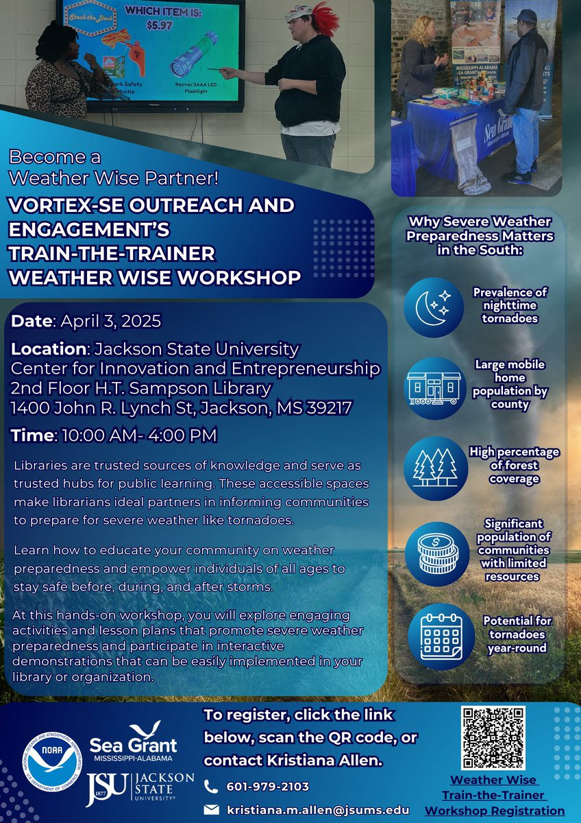 MSALSeaGrant (@msalseagrant) on Twitter photo Blog: Kristiana Allen highlights the upcoming April 3 train-the-trainer workshop at <a href="/JacksonStateU/">Jackson State U.</a> in Jackson, MS, for librarians and leaders to help communities become #WeatherWise! Hands-on tools, lesson plans & resources provided! bit.ly/3FIxssu
#SeaGrant #NOAA Blog: Kristiana Allen highlights the upcoming April 3 train-the-trainer workshop at <a href="/JacksonStateU/">Jackson State U.</a> in Jackson, MS, for librarians and leaders to help communities become #WeatherWise! Hands-on tools, lesson plans & resources provided! bit.ly/3FIxssu
#SeaGrant #NOAA