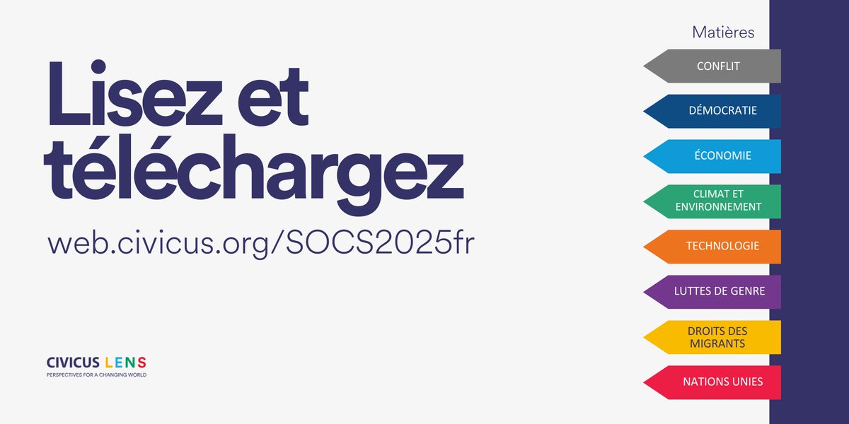 🚀Le rapport sur l'état de la société civile 2025 est arrivé !
Jetez un coup d'œil à la société civile et découvrez son rôle dans les conflits, la démocratie, le climat, la technologie, l'égalité des sexes, les droits des migrants entre autres ...
📲web.civicus.org/SOCS2025fr
