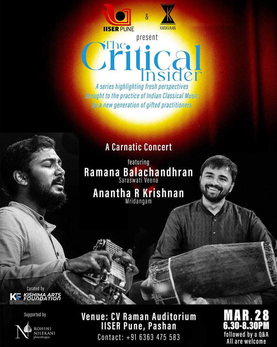 Concert tomorrow March 28 in IISER , Pune with Mridangam Vidwan Anantha R Krishnan.
All are welcome.

#ramanabalachanndhran
#saraswativeena
#pune