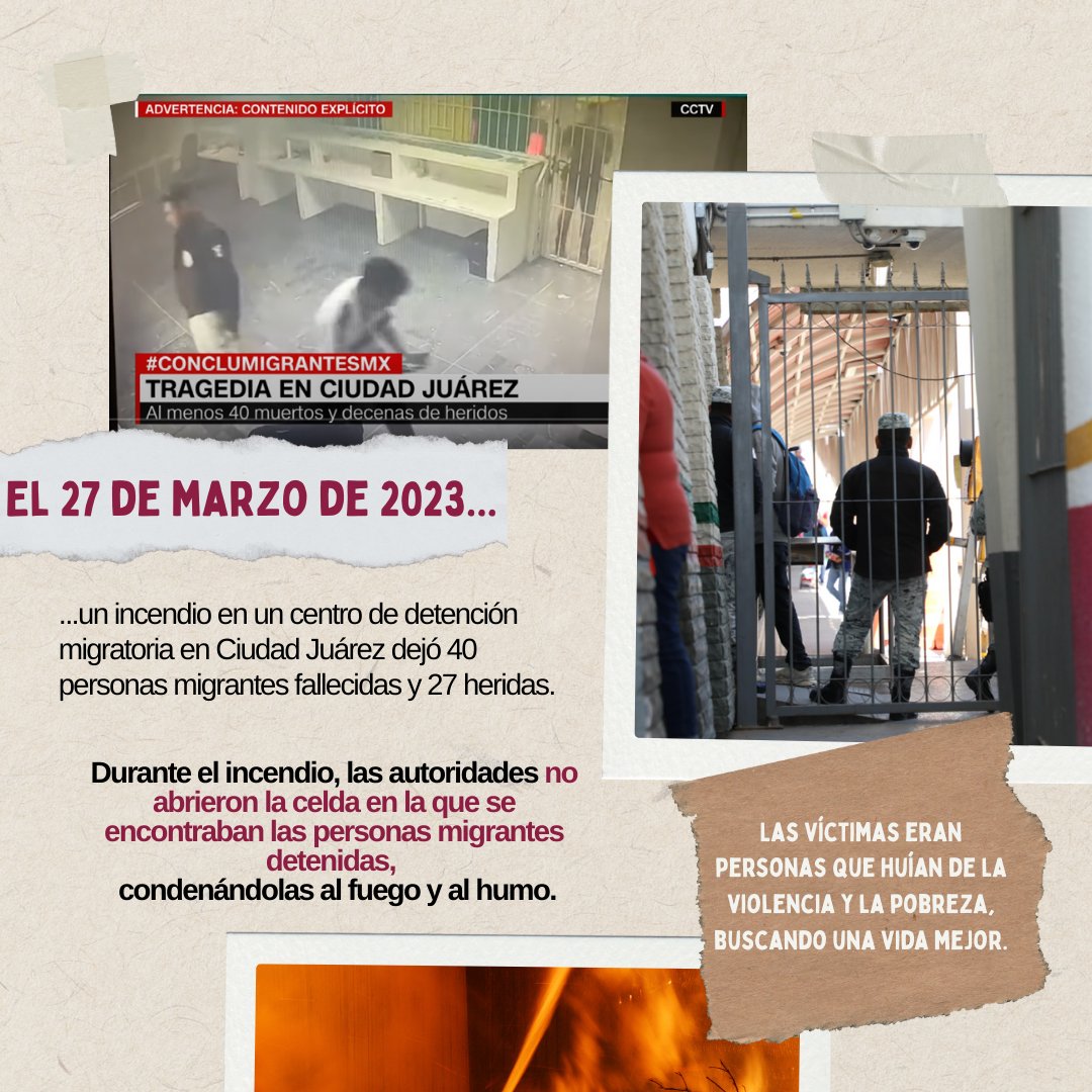#27MDosAñosSinJusticia
A 2 años del incendio en el centro de detención del <a href="/INAMI_mx/">INM</a> en Cd. Juárez, las víctimas siguen sin obtener justicia, verdad ni reparación. Las personas responsables siguen impunes y la política migratoria sigue violentando a las personas en movilidad.

🧵