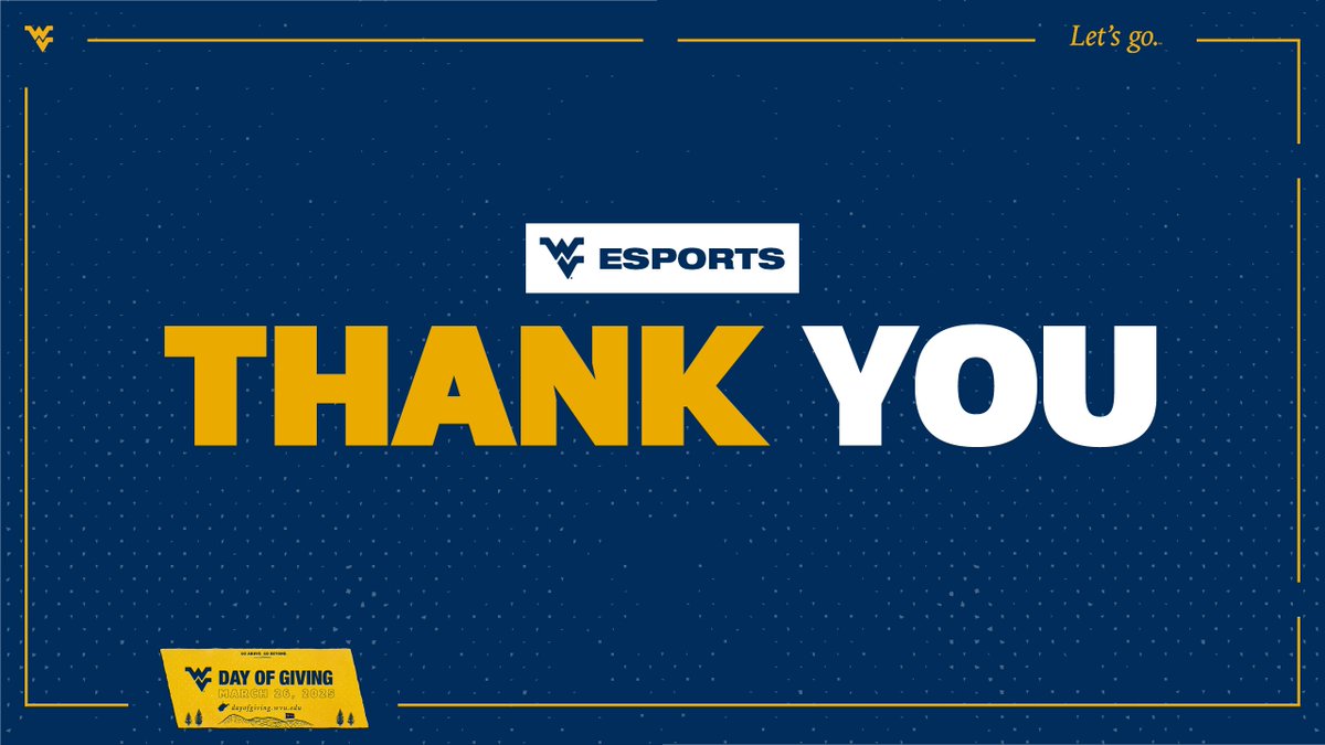 Another thank you to everyone who tuned in, donated, and spread the word to make #WVUDayofGiving and our 2nd 24-hour stream a success!

➡️ Raised $7,550 — including $2,550 from 52 gifts
➡️ Gained 100 Twitch subs and 44 followers
➡️ 3,712 live viewers
➡️ 1453 minutes streamed