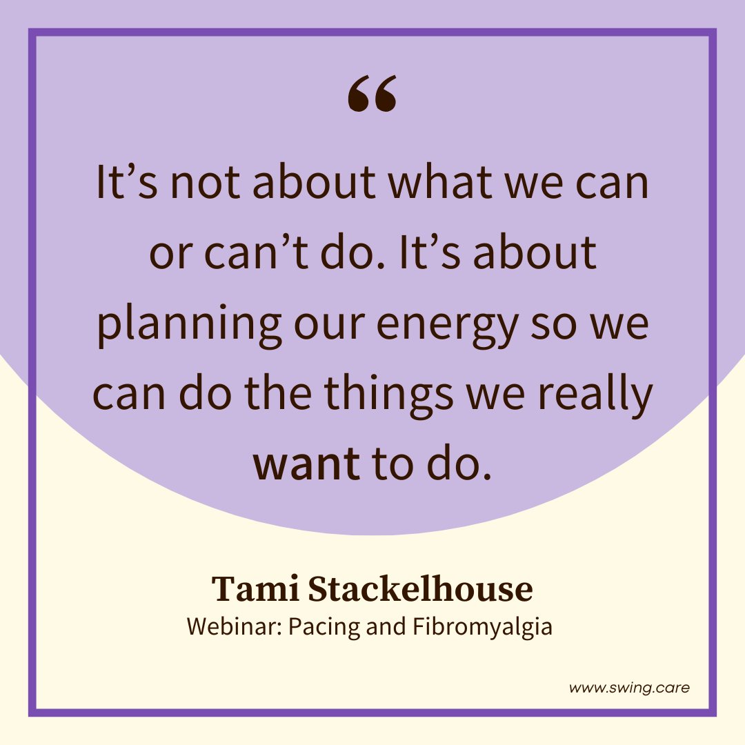 Days with fibro can feel like they’re all-or-nothing. But finding a pacing plan that works for you can help make sure there’s time and energy for what we love. 

Learn more tips from Tami Stackelhouse and Dr. Dianne Shumay in our webinar all about pacing: get.swing.care/webinar-fibrom…