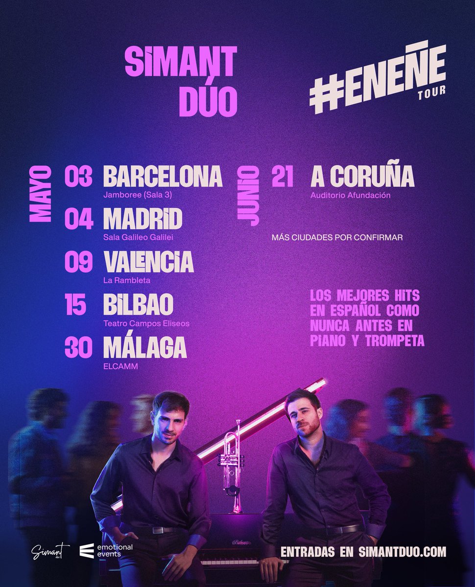 Esta vez lazamos cartel con una sorpresa incluida 🤩 Pensamos que no hay mejor experiencia, que disfrutar la música en vivo acompañado de alguien a quien quieres 🥰 Por eso... 💥 SORTEO de 4 ENTRADAS DOBLES para el concierto que elijáis 🥳🎫
Info en nuestro instagram <a href="/simantduo/">SIMANT DUO OFFICIAL</a>