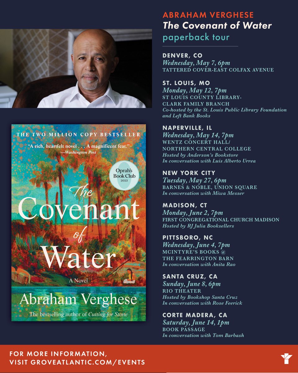Mark your calendars, <a href="/abe_verghese/">Abraham Verghese</a> is going on tour!

More details here: groveatlantic.com/author/abraham…