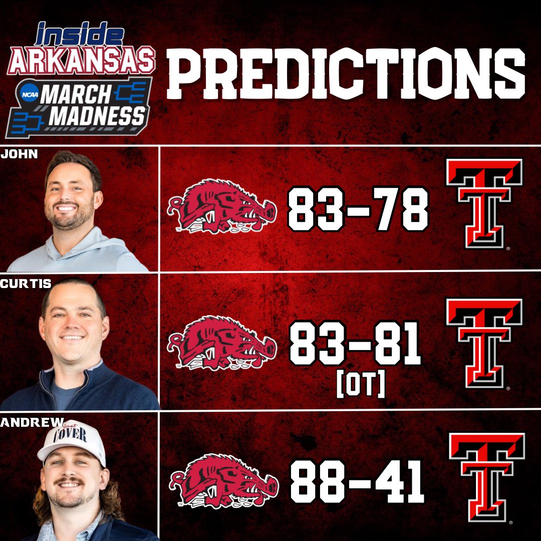 InsideArkansas's tweet image. Here are our official predictions for the Hogs and Red Raiders today in the Sweet 16!
