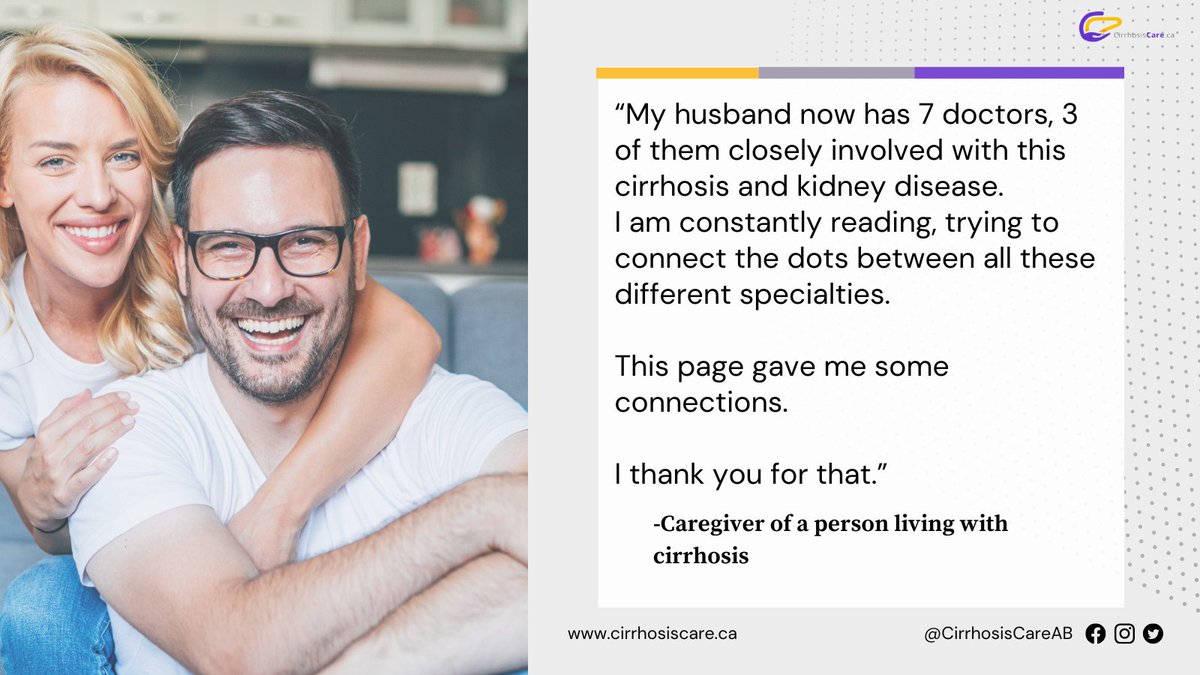 CirrhosisCareAB's tweet image. One caregiver shared, "My husband has 7 doctors, 3 of them involved with cirrhosis and kidney disease. This page gave me some connections."
Direct your patients to CirrhosisCare.ca to help them bridge the gap between specialties and better understand their care!
