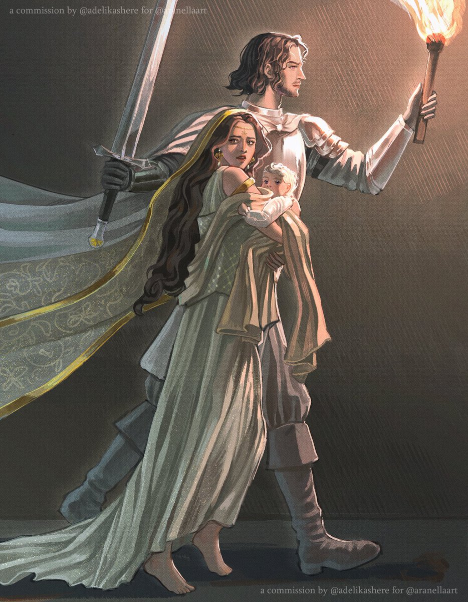 aranellaart's tweet image. Arthur Dayne rescuing Elia Martell and her son Aegon Targaryen from the Sack of King’s Landing by @adelikashere