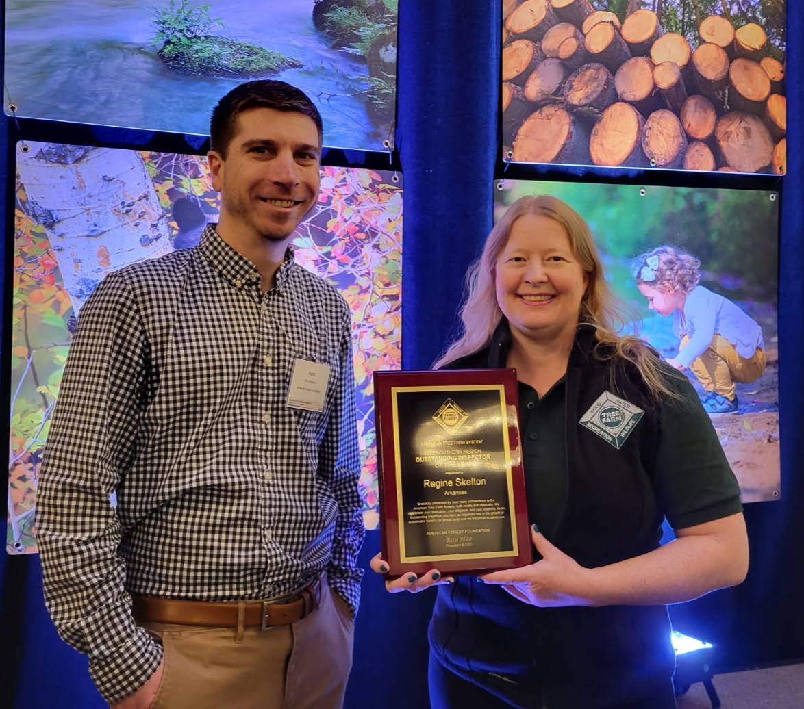 County Forester Regine Skelton was recently named the Outstanding Tree Farm Inspector of the Year for the Southern Region by <a href="/AmForestFndn/">American Forest Foundation</a>! Join us in congratulating Regine on this well-deserved recognition!

Photo Credit: Arkansas Tree Farm Program