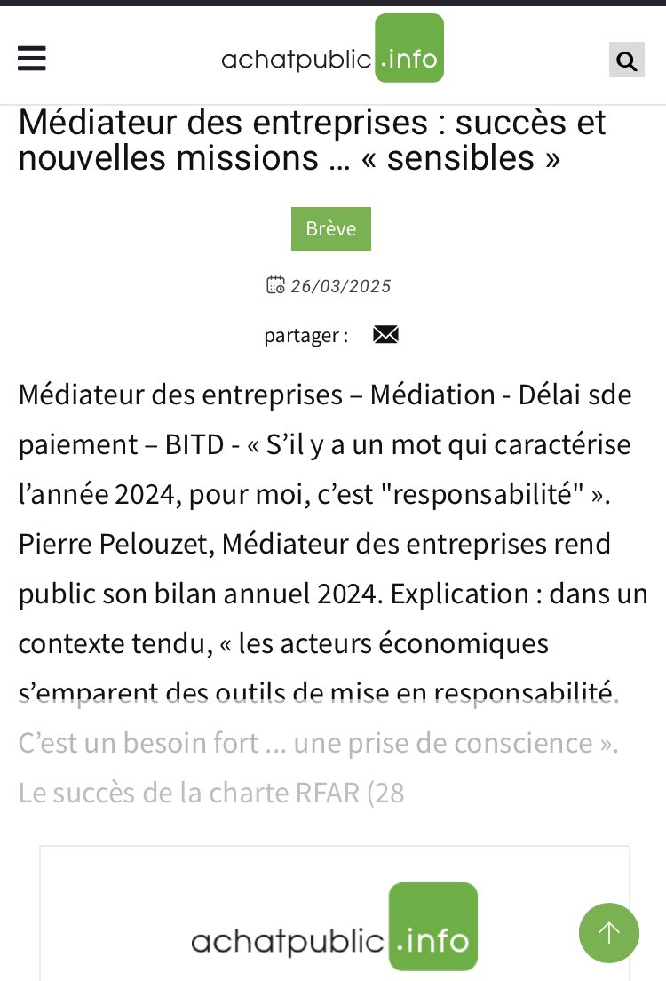 Pierre Pelouzet (@ppelouzet) on Twitter photo Médiateur des entreprises : succès et nouvelles missions … « sensibles »
Lire <a href="/jmjoannes/">Jean-Marc Joannès</a> ds <a href="/achatpublic_com/">achatpublic.com</a> qui revient sur le bilan annuel du <a href="/MedEntreprises/">Médiateur des entreprises</a>
achatpublic.info/actualites/bre… Médiateur des entreprises : succès et nouvelles missions … « sensibles »
Lire <a href="/jmjoannes/">Jean-Marc Joannès</a> ds <a href="/achatpublic_com/">achatpublic.com</a> qui revient sur le bilan annuel du <a href="/MedEntreprises/">Médiateur des entreprises</a>
achatpublic.info/actualites/bre…
