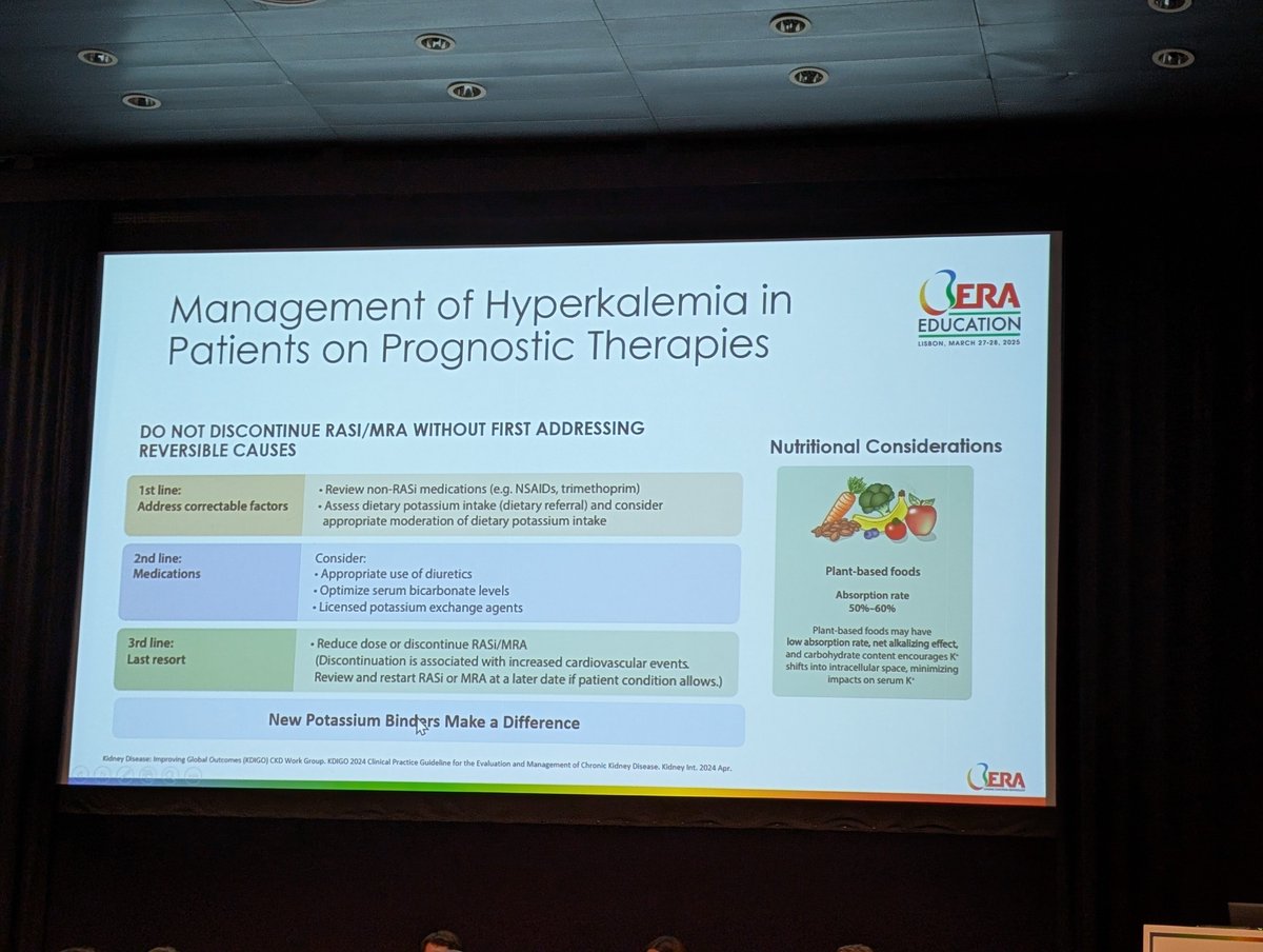 ERAkidney's tweet photo. Tips for Hyperkalemia Management in patients on prognostic therapies - plant based foods are better sources of K+ than processed foods! #ERAMeeting https://t.co/peyq1xN3CD