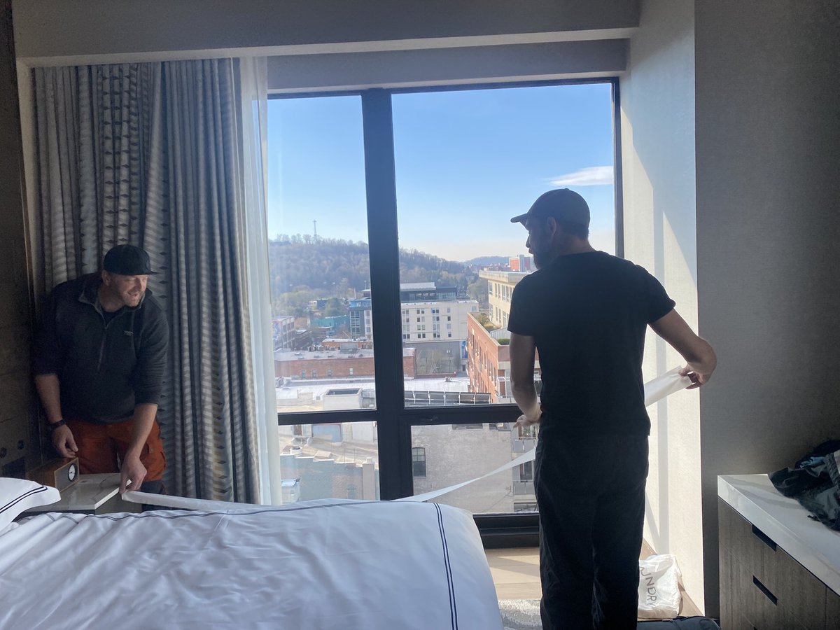 LauraSullivaNPR's tweet image. Never seen a hotel room with @frontlinepbs and NPR we didn’t destroy. Also when rearranging in a pinch, use toilet paper to measure.
