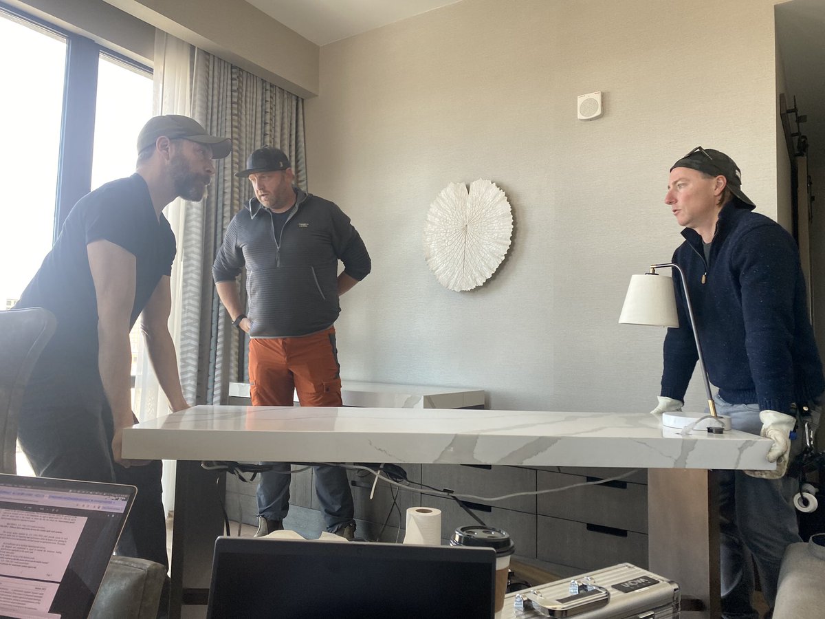 LauraSullivaNPR's tweet image. Never seen a hotel room with @frontlinepbs and NPR we didn’t destroy. Also when rearranging in a pinch, use toilet paper to measure.