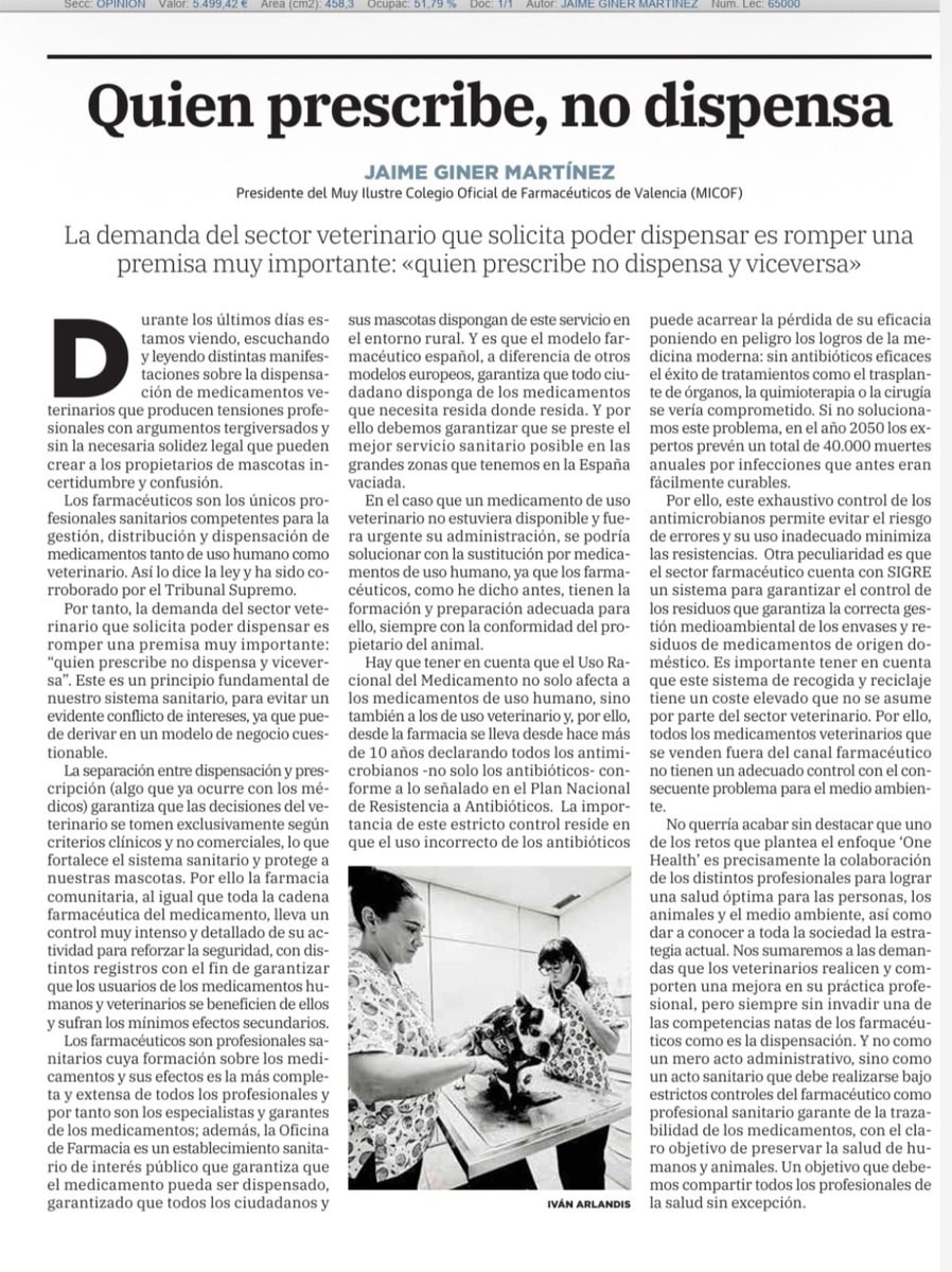 La ley de garantías permite que haya una independencia a la hora de prescribir medicamentos. La práctica médica lo entiende, la falta de supervisión en muchos casos ha permitido que está máxima no se respete muchas veces en la práctica veterinaria. <a href="/micofvlc/">Micofvlc</a> <a href="/PresidenteCGCOF/">Jesús Aguilar</a>
