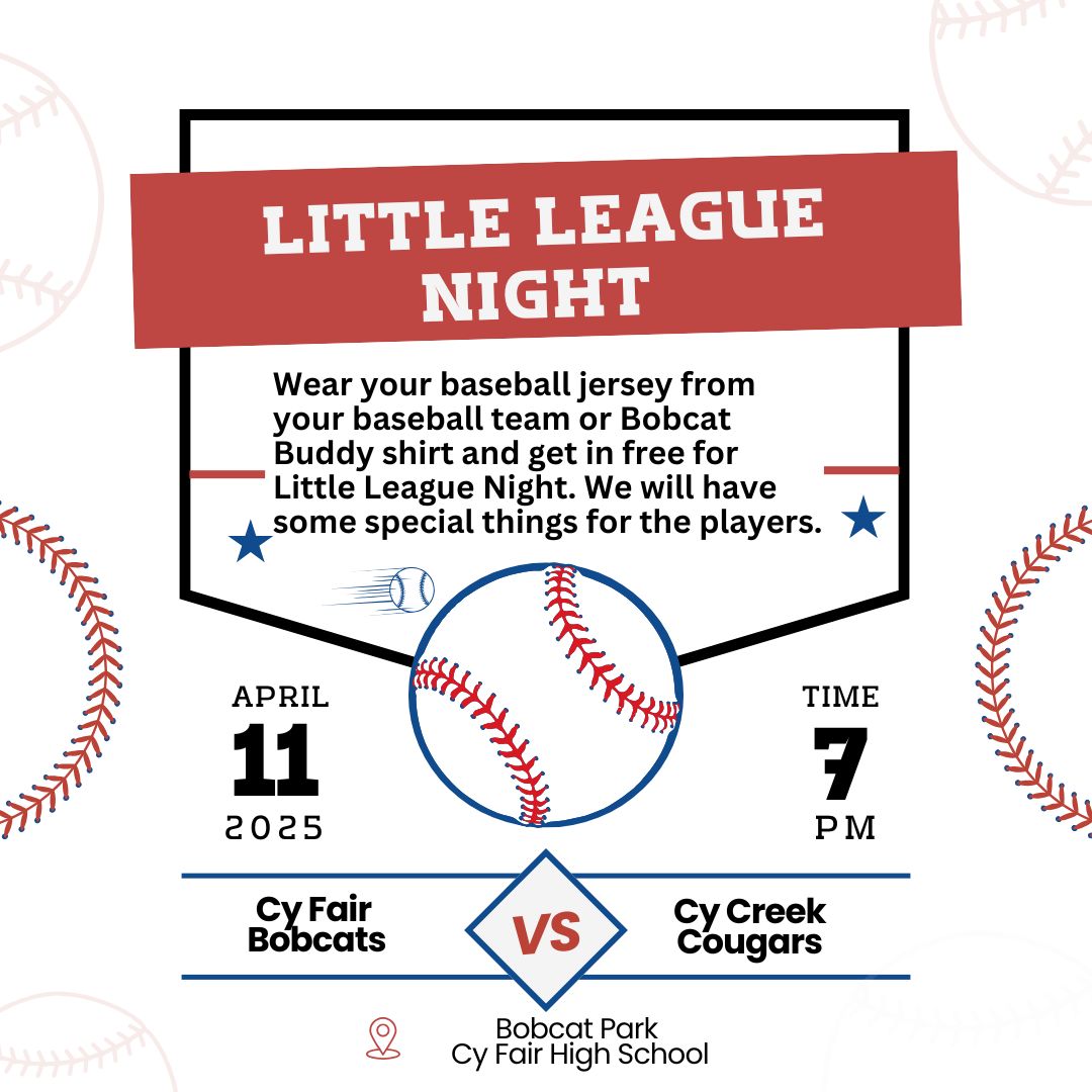 Melinda Abel (@arnoldread180) on Twitter photo Mark your calendars. April 11- Cy Fair High School Little League Night. We have some exciting things planned. Come help us celebrate where baseball began for our players..... Little League. Be on the lookout for more details. <a href="/CyFairBaseball/">Cy-Fair Bobcats Baseball</a> <a href="/BFNDBoosterClub/">CyFairAthleticBoosterClub</a> Mark your calendars. April 11- Cy Fair High School Little League Night. We have some exciting things planned. Come help us celebrate where baseball began for our players..... Little League. Be on the lookout for more details. <a href="/CyFairBaseball/">Cy-Fair Bobcats Baseball</a> <a href="/BFNDBoosterClub/">CyFairAthleticBoosterClub</a>