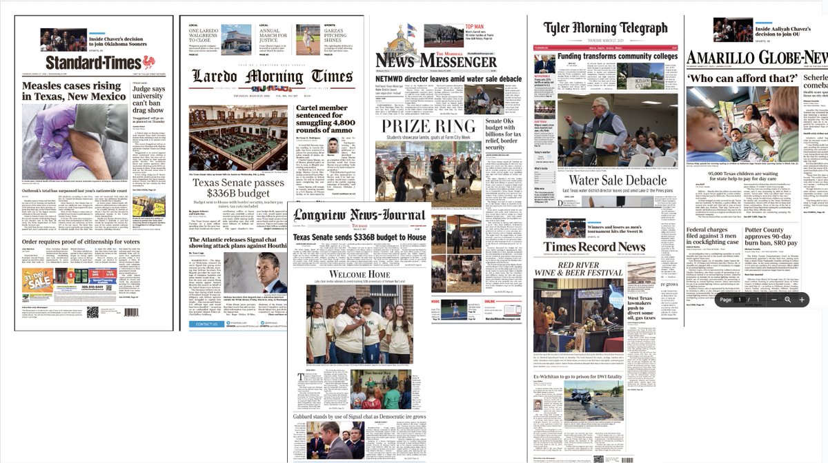 Matthew Watkins (@mwatkinstrib) on Twitter photo Trib reach: Five separate <a href="/TexasTribune/">Texas Tribune</a> stories appeared on front pages of seven total Texas newspapers today — all were allowed to republish them for free. Trib reach: Five separate <a href="/TexasTribune/">Texas Tribune</a> stories appeared on front pages of seven total Texas newspapers today — all were allowed to republish them for free.