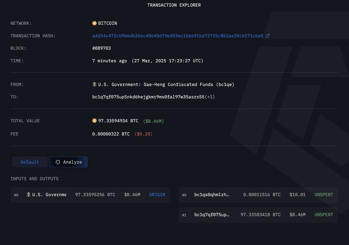 ARKHAM ALERT: US GOVERNMENT MOVING $8M $BTC The US Government just moved  $8.46M BTC from Sae-Heng Confiscated Funds. $10 of BTC was sent to:  bc1qs0qhmlzh2wvs0n70vn7s6jj37zvek2e7t73kfg The remaining $8.46M moved to a  change