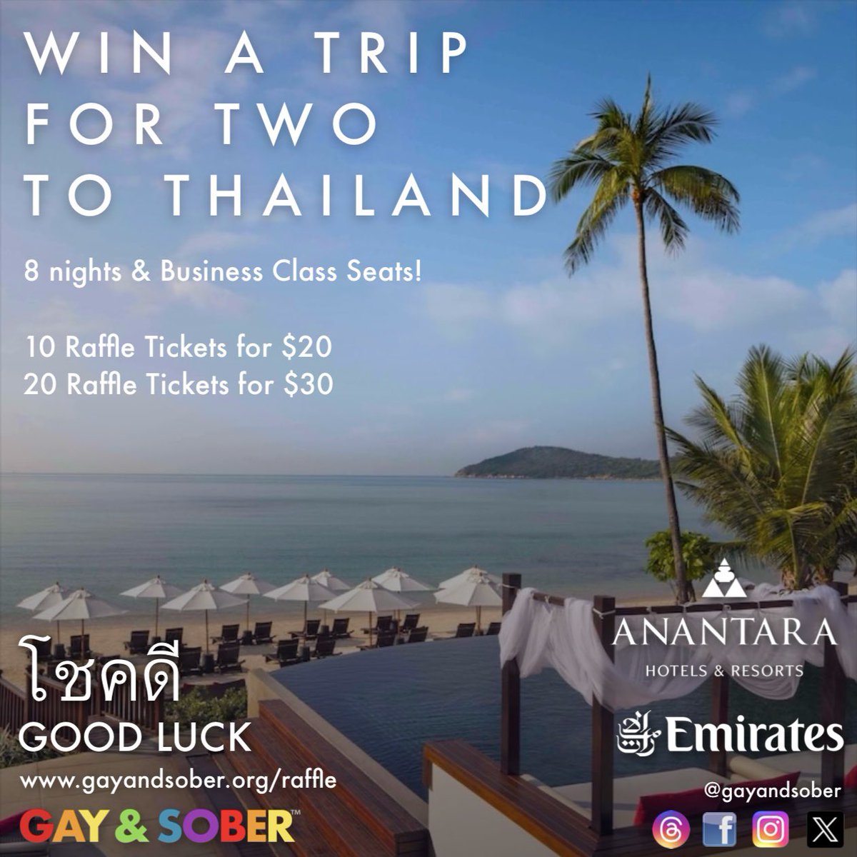Enter for a chance to win your own exotic “White Lotus” experience! Thank you to our travel partners for making this raffle possible! Good luck! 
gayandsober.rallyup.com/thailand