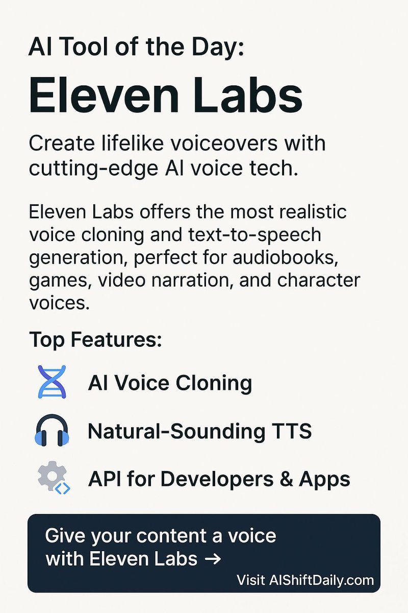 AIShiftDaily's tweet photo. 🚀 Tool of the Day: Eleven Labs
Create ultra-realistic AI voiceovers for audiobooks, storytelling &amp; branded content.
Studio-quality sound without the studio.
🔗 https://t.co/b1NidK4ioi
#ElevenLabs #AIForCreators #VoiceAI #AudiobookTools https://t.co/JJaB8EquVr